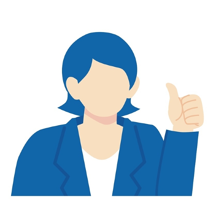 Woman in navy blue suit giving thumbs up
