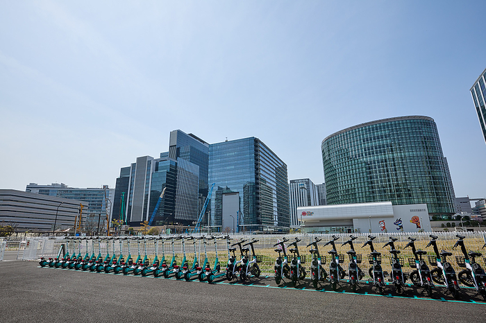 Luup Electric scooters and bicycles from the LUUP sharing rental service are parked in the Minato Mirai area in Yokohama, Japan, April 2, 2024.  Photo by Yohei Osada AFLO 