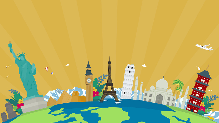 Travel ad background template decorated with world heritage sites and earth of various countries (yellow)