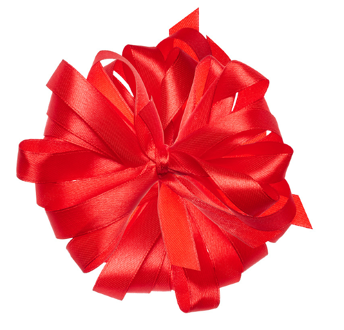 Knotted red satin ribbon bow on isolated background, top view Knotted red satin ribbon bow on isolated background, top view