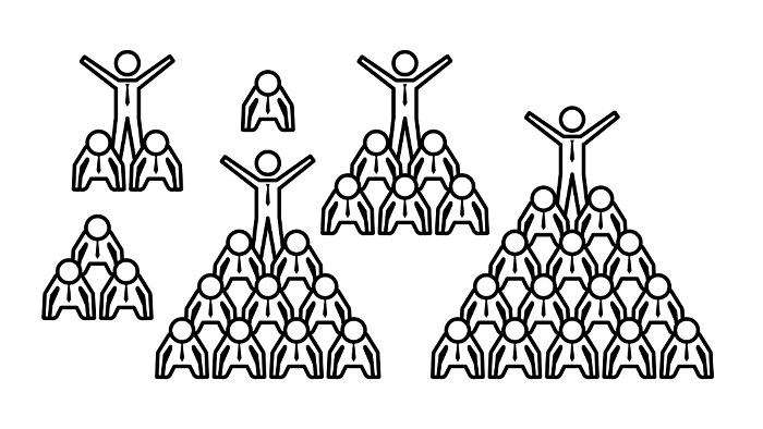 Pictogram of a human figure, businessman wearing a tie, set of human pyramids, line width variable