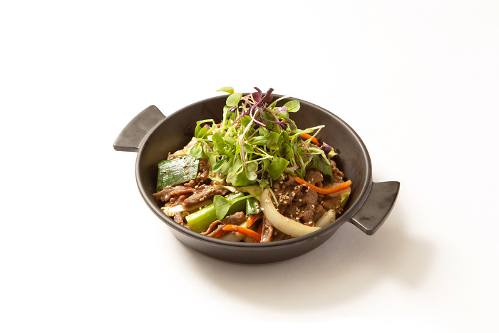 Stir-fried meat and vegetables on a plate