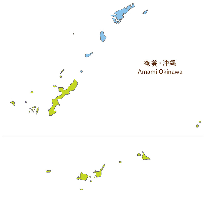 Simple and cute map of Okinawa and Amami, overall view including remote islands, simplified