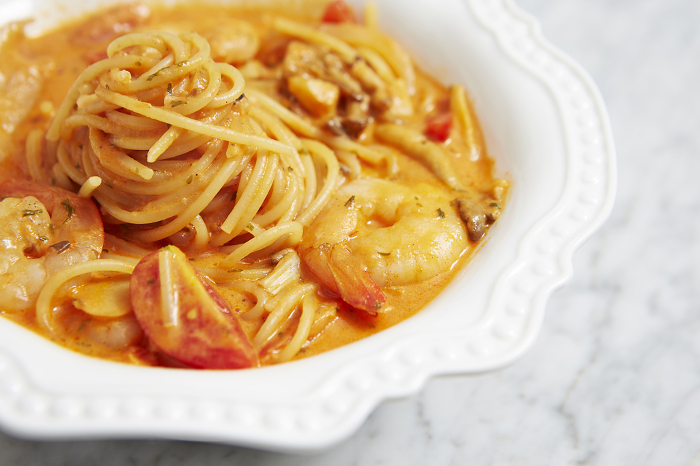 Tomato cream pasta with shrimp