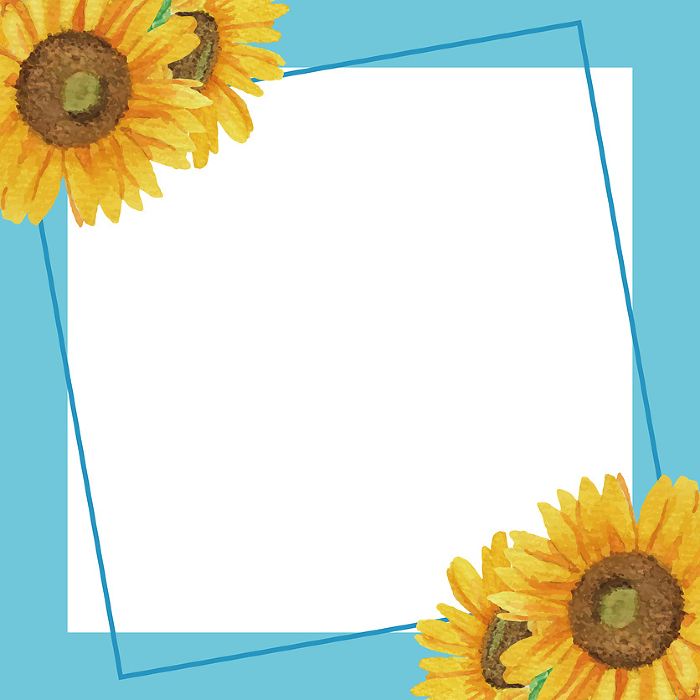 Vector illustration of square frame with hand-drawn watercolor sunflowers in upper left and lower right (light blue)