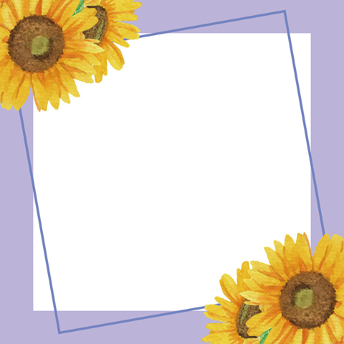 Vector illustration of square frame with hand-drawn watercolor sunflowers in upper left and lower right (purple)