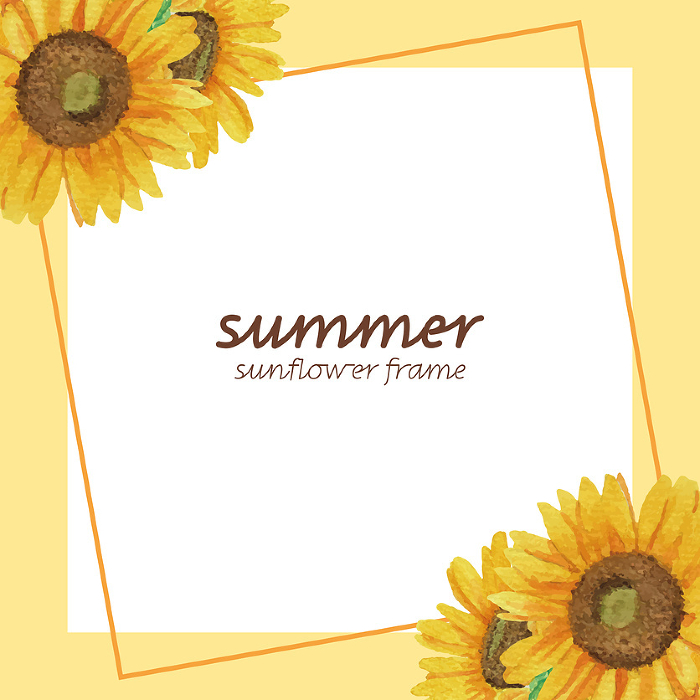 Vector illustration of square frame with hand-drawn watercolor sunflowers in upper left and lower right (yellow)