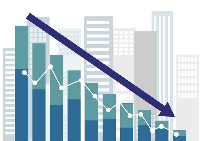 Steadily falling graph and skyscraper flat illustration