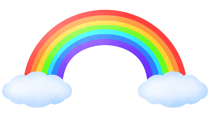 Clip art of fluffy clouds and a big seven-color rainbow
