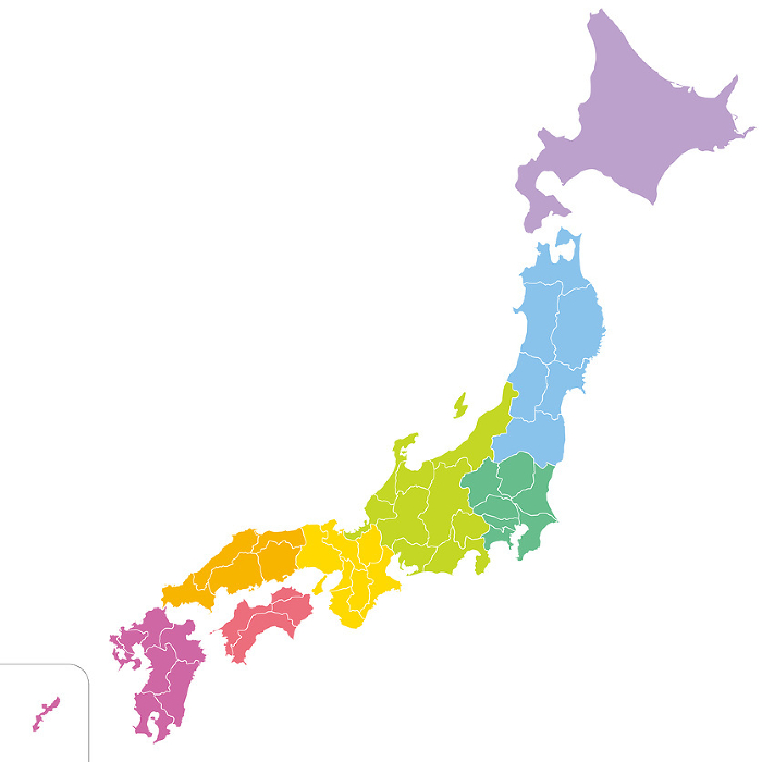 Simple map of Japan with 47 prefectures and islands omitted, color-coded by region