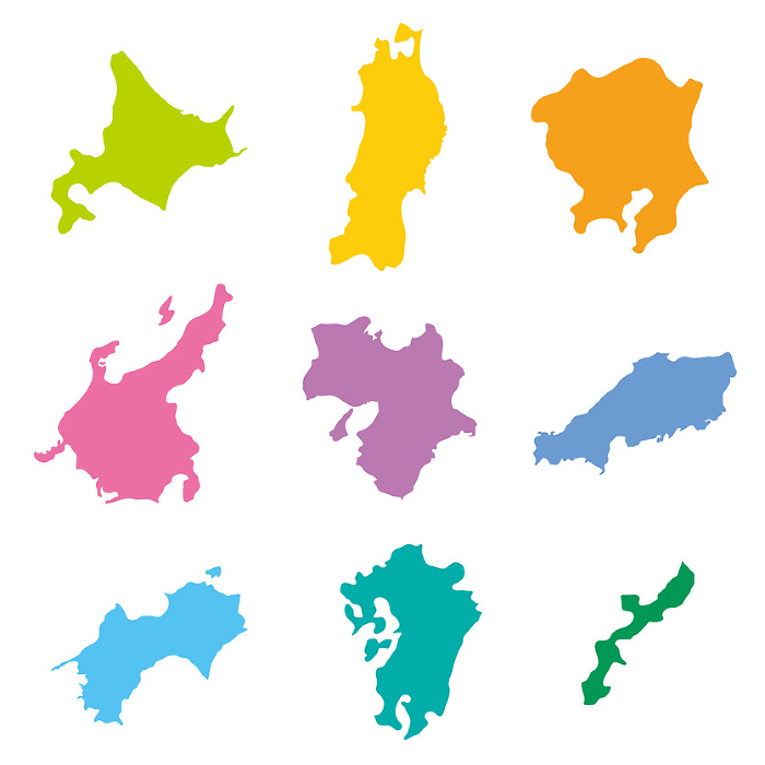 Icons of 9 Japanese regions, bright and colorful, simplified shapes