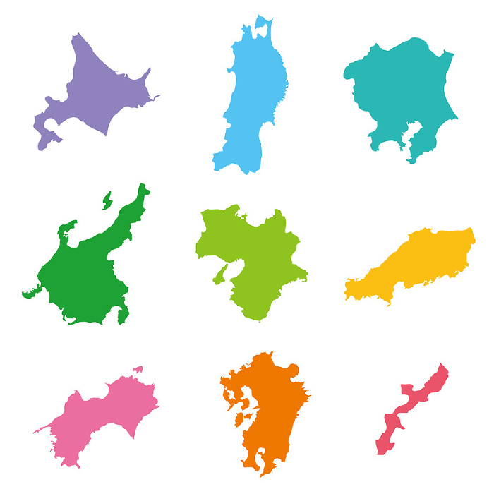 Icons of 9 regions of Japan, colorful and bright colors