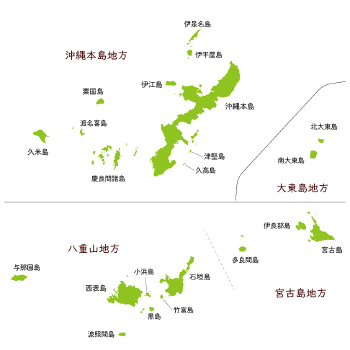 Map of the entire Okinawa Prefecture, including remote islands, Japanese island names and local names