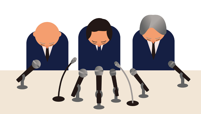 Illustration of three men in suits apologizing in front of a microphone