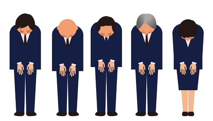 Illustration of five men and women in suits apologizing_full body