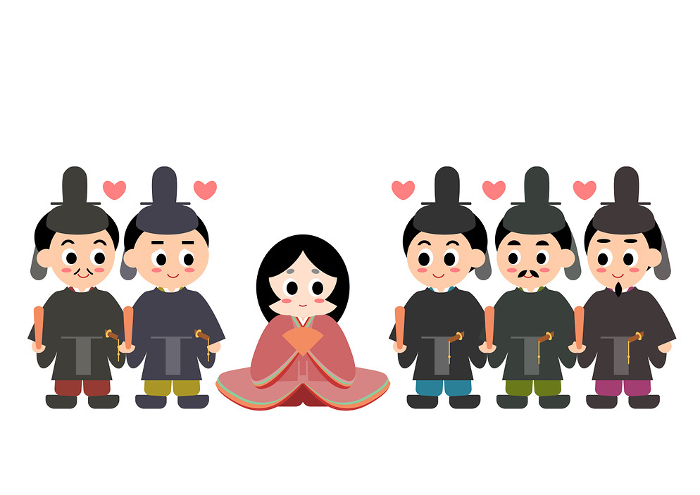 Illustration of Princess Kaguya and her five suitors