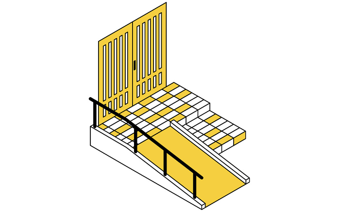 Home remodeling, nursing home remodeling with ramp in front of entrance, simple isometric illustration.