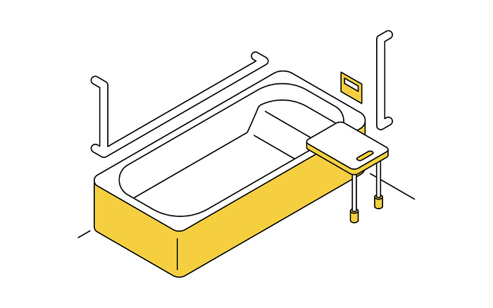 Home remodeling, caregiver remodeling to replace a shallow tub that is easy to straddle, simple isometric illustration
