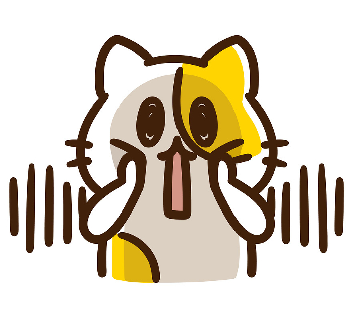 Deformed illustration of a cute cat character doing a Munch's cry pose in shock.