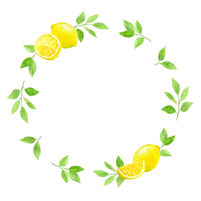 Circular frame with lemon and leaves in watercolor