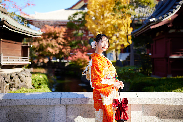 Japanese woman in furisode kimono looking at the camera