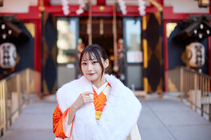Smiling Japanese woman in furisode kimono