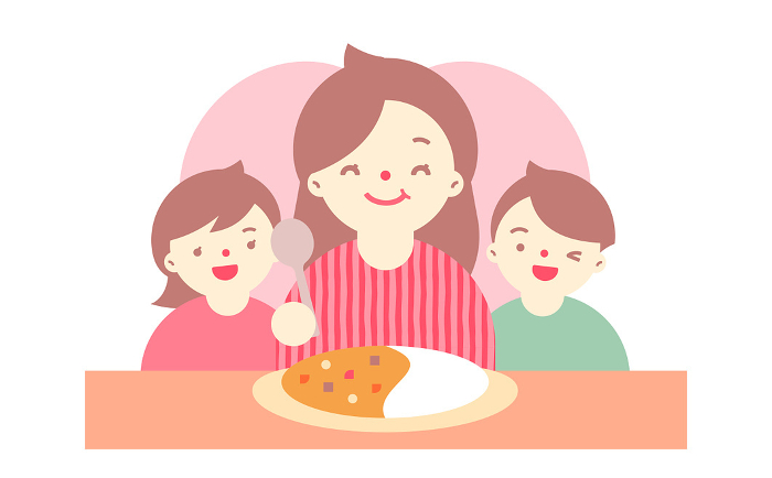 Cute figure illustration of mother, family, parent and child smiling at the gift of curry rice and cooking on Mother's Day.
