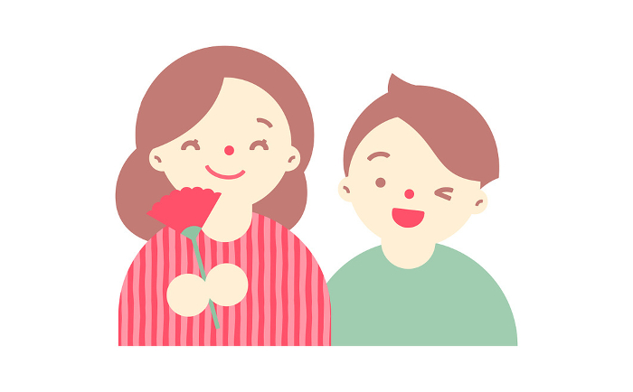 Clip art of a cute person celebrating mother's day with family, family, parent and child by presenting a carnation.