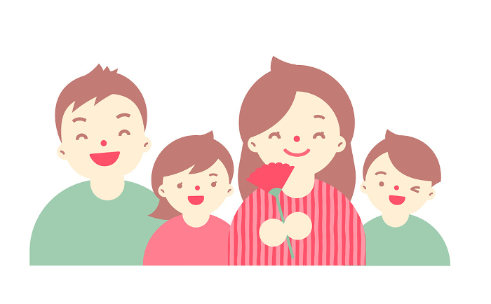 Clip art of a cute person celebrating mother's day by giving carnations to family, family, parent and child.