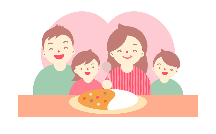 Cute figure illustration of mother, family, parent and child smiling at the gift of curry rice and cooking on Mother's Day.