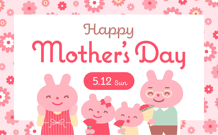 Simple cute animal background frame of family and parent-child celebrating Mother's Day by giving carnation flowers_Floral