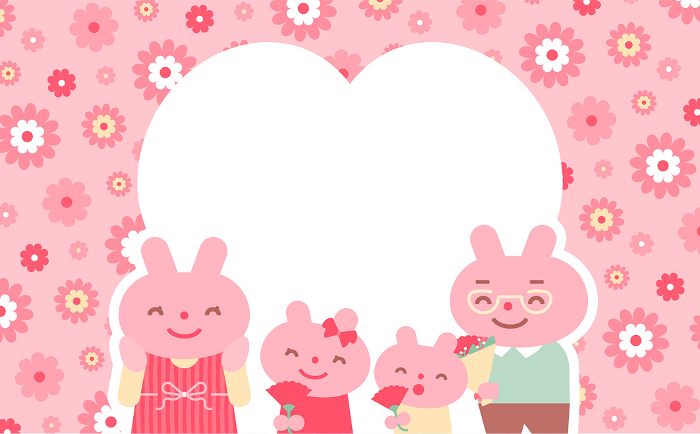 Simple cute animal background frame with family, family, parent and child celebrating Mother's Day by giving carnations flowers.