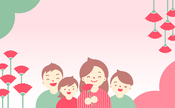 Simple cute background frame of family, family, parent and child celebrating Mother's Day by giving carnations flowers.