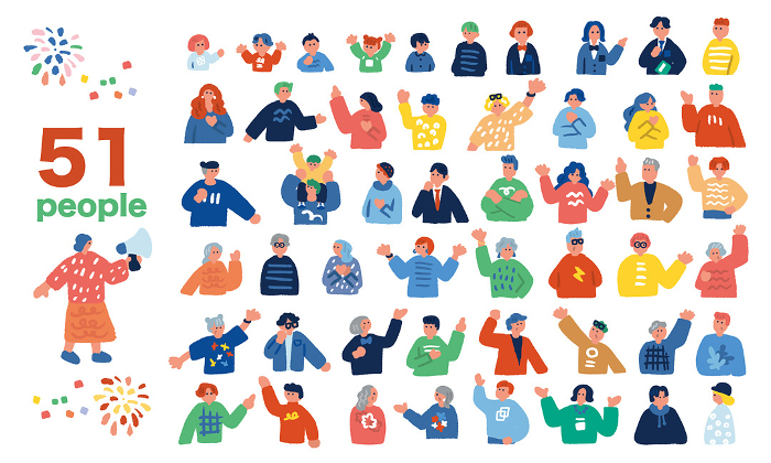 A set of simple, colorful illustrations of a large group of people