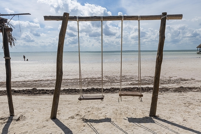 trapeze Swing on a white sand beach, Holbox island, Yucatan Mexico