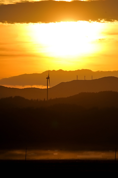 Morning sun and windmills Shonai Town, Yamagata Prefecture