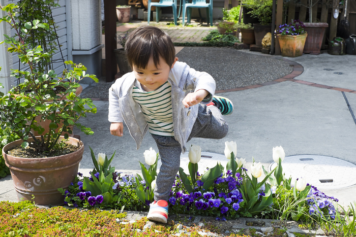 Two-year-old jumping over a flower bed