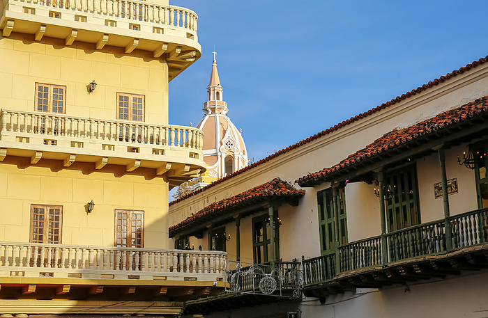 View to historic buildings with balconies, cathedral spire in the back against blue sky, Cartagena, View to historic buildings with balconies, cathedral spire in the back against blue sky, Cartagena, World Locations, by Zoonar Uwe Bergwitz