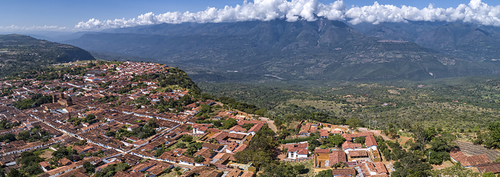 Aerial view panorama of historic town Barichara, Colombia situated on a cliff edge with white cloud Aerial view panorama of historic town Barichara, Colombia situated on a cliff edge with white cloud, by Zoonar Uwe Bergwitz