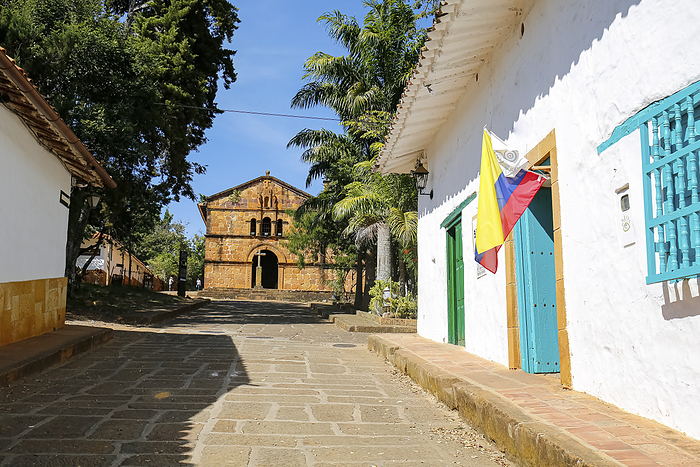 View to ancient Santa Barbara Chapel through a street with traditional houses in sunlight, Barichara View to ancient Santa Barbara Chapel through a street with traditional houses in sunlight, Barichara, by Zoonar Uwe Bergwitz
