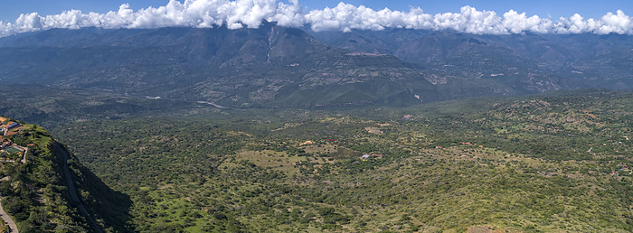 Panorama from Barichara, Colombia over green landscape to mountains with blue sky and white clouds a Panorama from Barichara, Colombia over green landscape to mountains with blue sky and white clouds a, by Zoonar Uwe Bergwitz