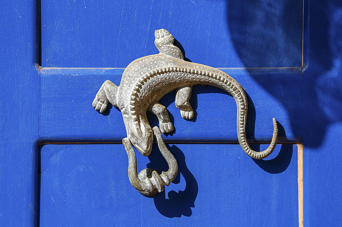Close up of a blue colored door with metall lizard as door knocker, Barichara, Colombia Close up of a blue colored door with metall lizard as door knocker, Barichara, Colombia, by Zoonar Uwe Bergwitz