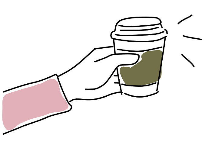 Simple line drawing of a woman's hand holding a paper cup of coffee
