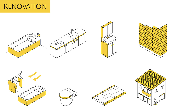 Simple isometric illustration of home remodeling, system bath, system kitchen, solar power generation, etc.