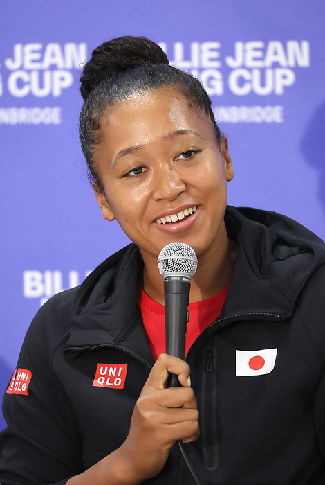 Billie Jean King Cup drawing event is held at the Ariake Colosseum  April 11, 2024, Tokyo, Japan   Japanese professional tennis player Naomi Osaka speaks at a press conference after the drawing event of the Billie Jean King Cup qualifier at the Ariake Colosseum in Tokyo on Thursday, April 11, 2024. Japan will face Kazakhstan in Tokyo on 12 and 13.    photo by Yoshio Tsunoda AFLO 