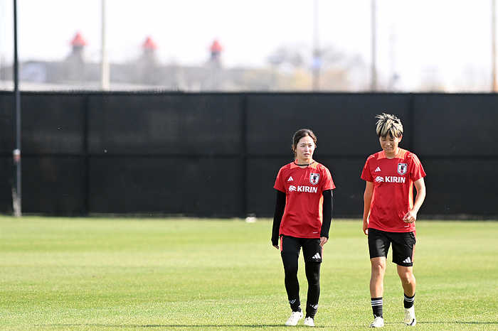 Japan women s national soccer team tranining session Japan s Risa Shimizu  L  and Moeka Minami during a training session in Columbus, Ohio, United States, April 8, 2024.  Photo by JFA AFLO 