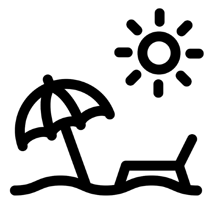 Line style icons representing summer, beach, parasol, sand, and ocean
