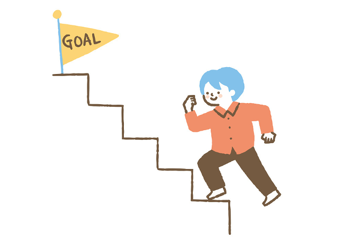 Boy climbing stairs toward goal_color
