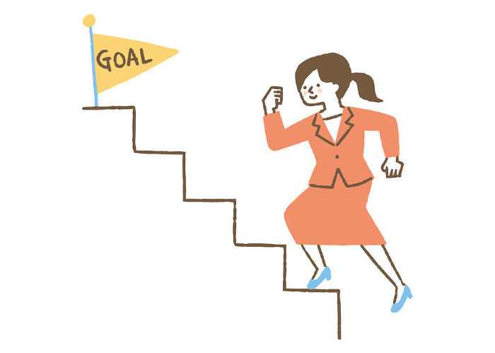 Woman climbing stairs toward goal_Color