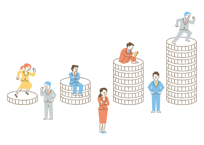 Graph with stacks of gold coins and people in suits_color